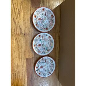 Set of 3 Japanese Porcelain Plates Geisha Scene Floral Border Red Rim